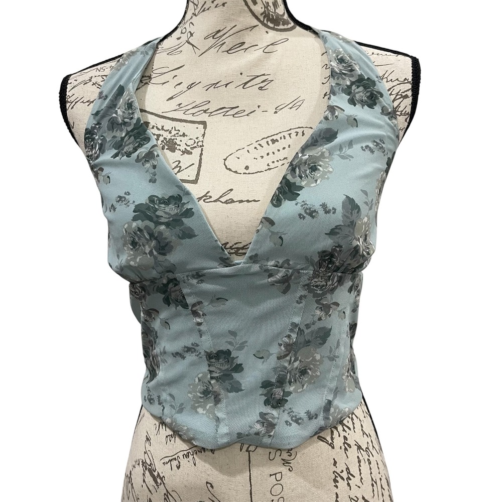 One Clothing Halter Top Women Medium Blue Floral Corset Mesh Smocked Cottagecore
